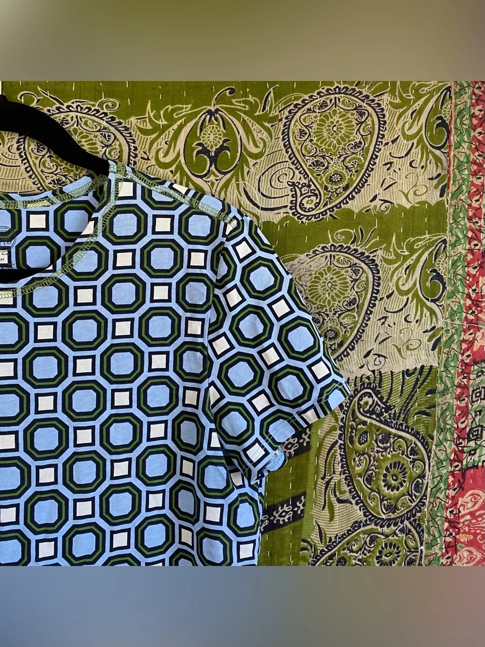 Tory Burch Louis Blue/ White/ Green Geometric Print Cotton T-Shirt Size Medium